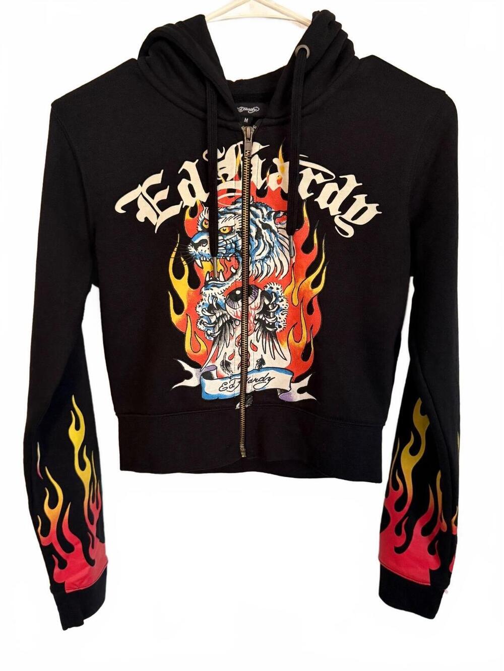 Ed Hardy Women's Black Zip-Up Hoodie with Flame and Tiger Print, Size M
